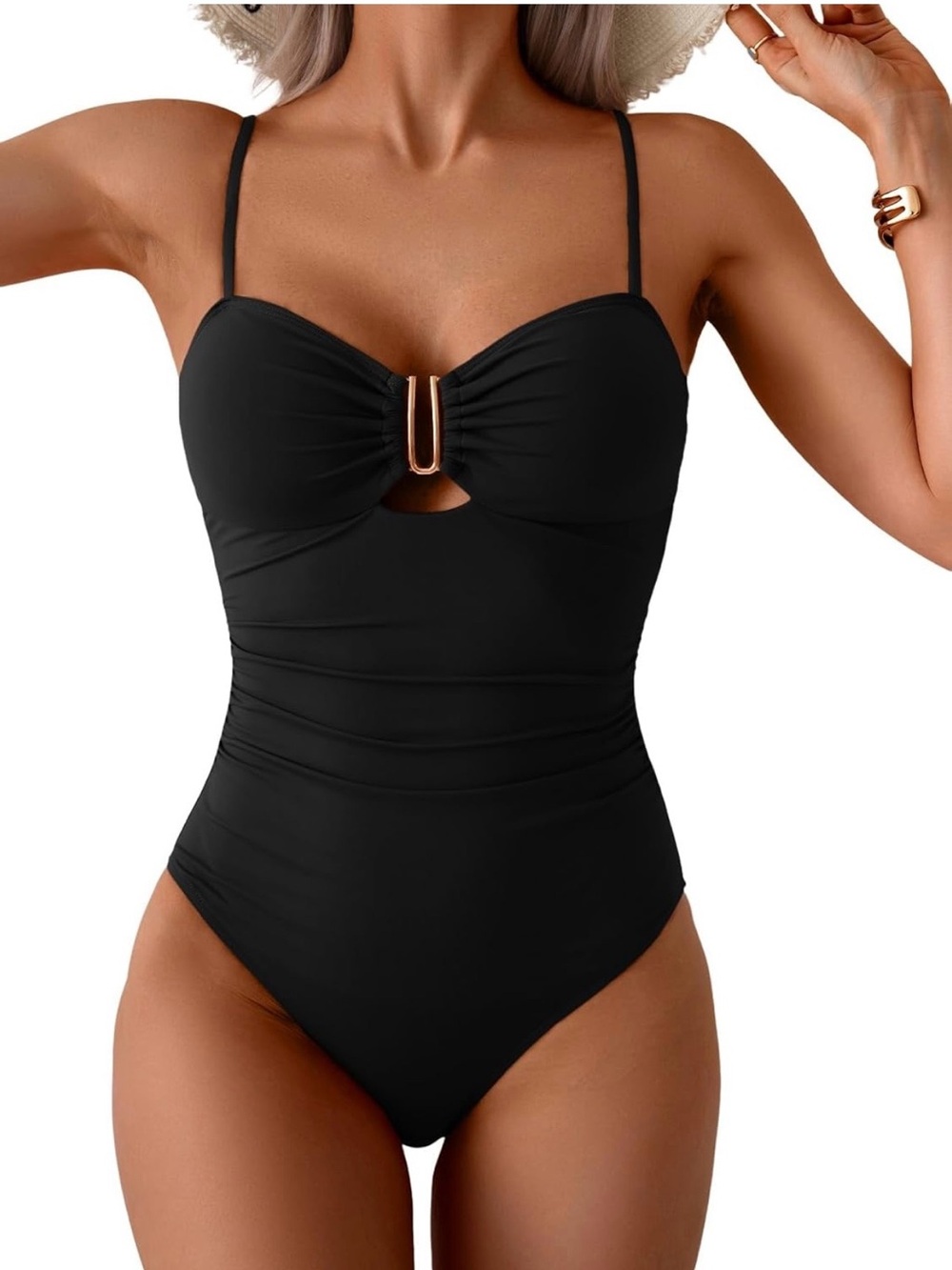 Chic Black One-Piece Swimsuit with Gold Ring Detail